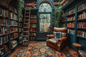 AI Generated Moody home library with dark shelves a ladder photo