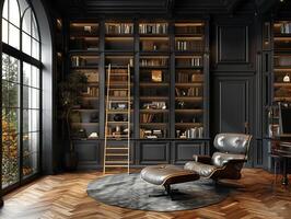 AI Generated Moody home library with dark shelves a ladder photo