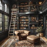 ai generado temperamental hogar biblioteca con oscuro estantería un escalera foto