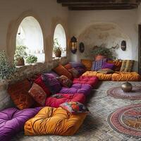 AI Generated Moroccan-style lounge with rich colors lanterns photo