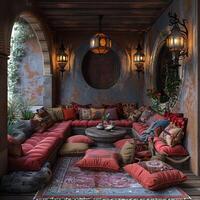 AI Generated Moroccan-style lounge with rich colors lanterns photo