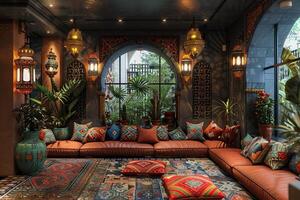 AI Generated Moroccan-style lounge with rich colors lanterns photo