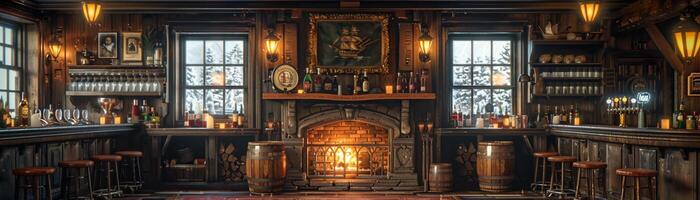 AI Generated Old English pub with dark wood cozy fireplaces photo