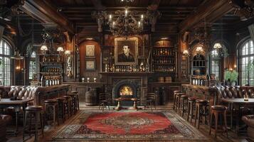 AI Generated Old English pub with dark wood cozy fireplaces photo