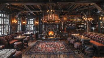 AI Generated Old English pub with dark wood cozy fireplaces photo