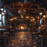 AI Generated Old English pub with dark wood cozy fireplaces photo