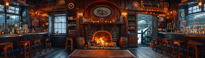 AI Generated Old English pub with dark wood cozy fireplaces photo