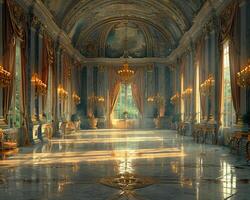 AI Generated Regal ballroom with ornate details high ceilings photo