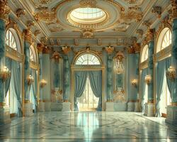 AI Generated Regal ballroom with ornate details high ceilings photo