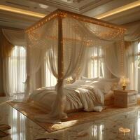 AI Generated Romantic bedroom with soft lighting sheer curtains photo