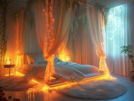 AI Generated Romantic bedroom with soft lighting sheer curtains photo