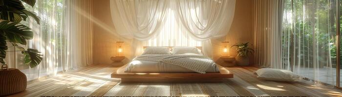 ai generado romántico dormitorio con suave Encendiendo escarpado cortinas foto