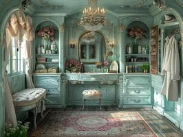 AI Generated Glamorous dressing room with a vintage vanity and soft photo