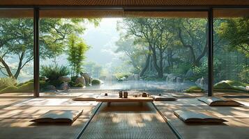 ai generado zen meditación habitación con tatami esteras un bajo mesa foto