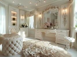 AI Generated Glamorous dressing room with a vintage vanity and soft photo