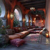 AI Generated Moroccan-style lounge with rich colors lanterns photo