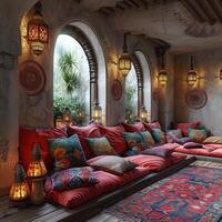 AI Generated Moroccan-style lounge with rich colors lanterns photo