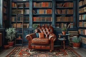 AI Generated Moody home library with dark shelves a ladder photo