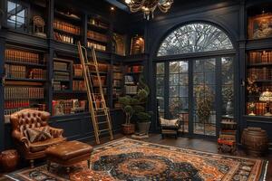 AI Generated Moody home library with dark shelves a ladder photo