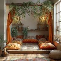 AI Generated Bohemian reading nook with floor cushions tapestries photo