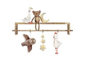 Children's shelf with toys for the baby, a month and stars, a bear, a goose, a rooster and an owl. Isolated hand drawn watercolor illustration for children's interior, cards,stickers,textiles,design. vector