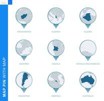 Collection of map pin with detailed map and neighboring countries vector