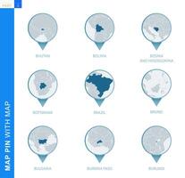 Collection of map pin with detailed map and neighboring countries vector