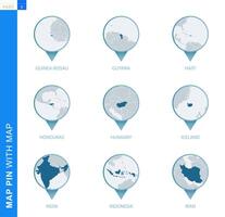 Collection of map pin with detailed map and neighboring countries vector