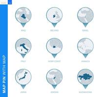 Collection of map pin with detailed map and neighboring countries vector