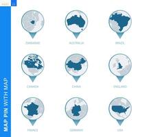 Collection of map pin with detailed map and neighboring countries vector