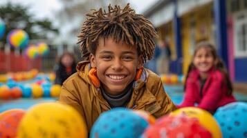 ai generado joven chico sonrisas en frente de un manojo de pelotas foto