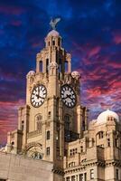 Liverpool's iconic Royal Liver Building at dusk with dramatic pink and blue sky photo