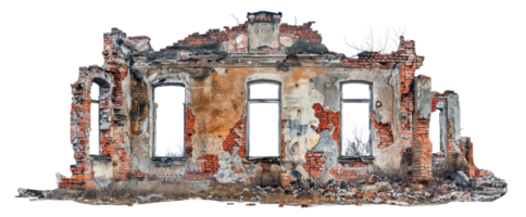 AI generated Desolate ruins of a once-standing dilapidated building on transparent background - stock png. png