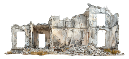 AI generated Desolate ruins of a once-standing dilapidated building on transparent background - stock png. png