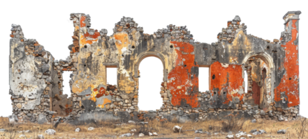 AI generated Desolate ruins of a once-standing dilapidated building on transparent background - stock png. png