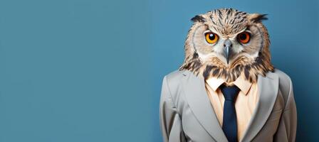 AI generated Corporate owl in suit at office, studio shot on plain wall, friendly anthromorphic with copy space. photo