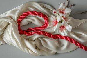 AI generated 1st of March tradition white and red cord and ghiocel flower photo