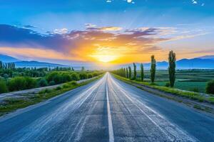 AI generated Sunrise over Xinjiangs country road and farmland. photo