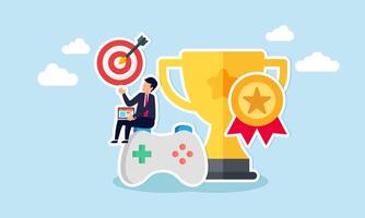 gamificación márketing estrategia incentivando clientes a alcanzar objetivos, ganar premios, y contratar mediante retos concepto, hombre con computadora ordenador portátil en juego palanca de mando con trofeo otorgar. vector