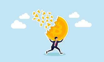 Bitcoin price drop leads investors or traders to lose money, crypto value diminishing significantly concept, frustrated investor trader running away with his dissolving, crash into dust Bitcoin. vector