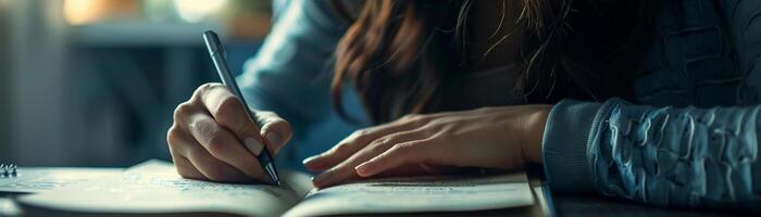 AI generated Focused Penmanship, close-up shot of the woman's hand as she writes, showcasing the intricate movements of her fingers and the fluidity of her penmanship, generative AI photo