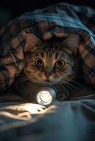 AI generated Courageous little cat with a flashlight photo