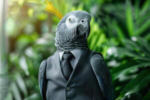 ai generado gris jefe loro. gris loro vestido como un empresario entre verde arbustos foto