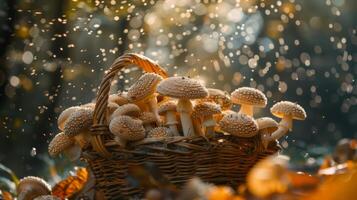 AI generated A basket of fresh mushrooms being upturned, with spores dusting the air photo