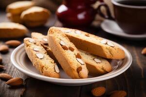 AI generated A plate of homemade almond biscotti. Generative AI photo