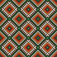 Seamless ethnic pattern in the style of embroidery. The pattern features colorful geometric shapes, including squares, triangles, and diamonds, arranged.The repeating pattern resembles stitches. vector