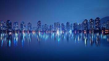 ai generado noche ver de el paisaje urbano con reflexión en el agua foto