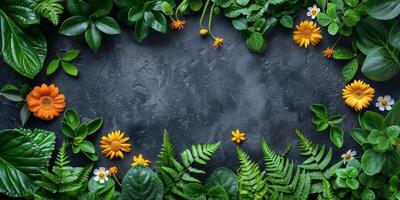 AI generated Lush Greenery and Blooming Flowers Surrounding Dark Textured Surface photo