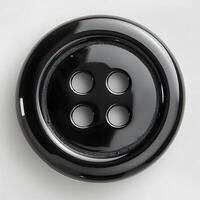 AI generated Black plastic button isolated on white background with shadow. Black 4-hole flat button for sewing and crafts photo