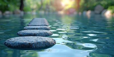AI generated Stone pathway crossing serene swimming pool amidst lush greenery photo